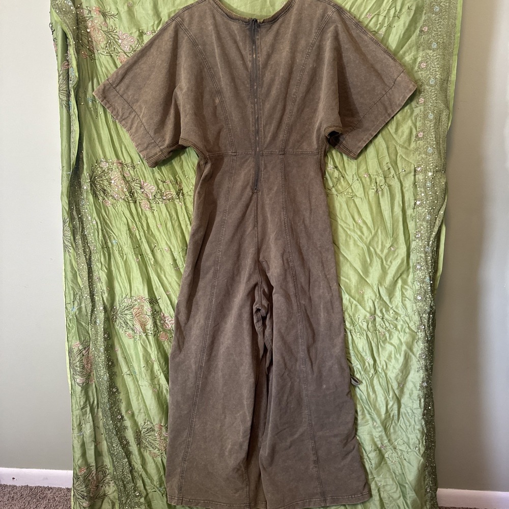 BiBi Jumpsuit Wide Leg Bohemian 100% Cotton Short Sleeve Olive Green Size Small - Picture 7 of 13